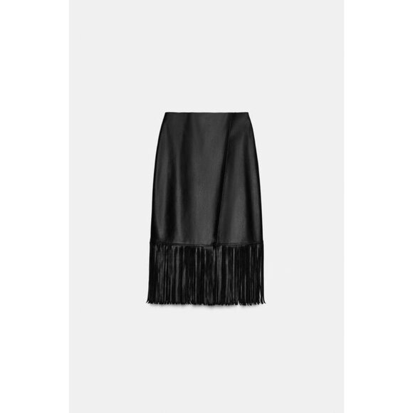 ZARA FAUX LEATHER FRINGED MIDI SKIRT - Picture 9 of 11